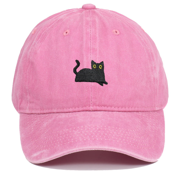 Black Cat Embroidered Washed Baseball Cap Sun Hat